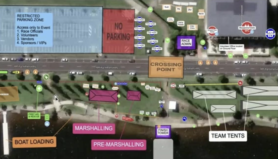 Lake Kawana venue map showing marshalling, team tents, boat loading and key locations